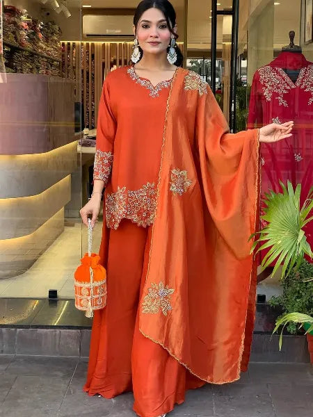 Orange Elegant Embroidered Kurta Set