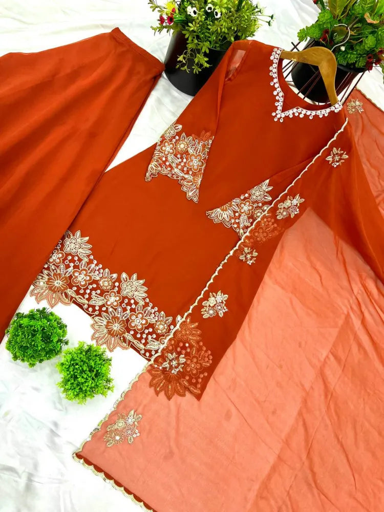 Orange Elegant Embroidered Kurta Set