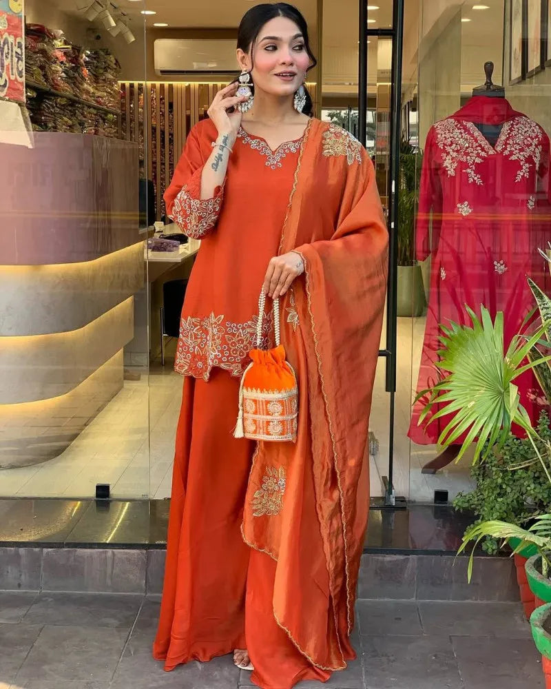 Orange Elegant Embroidered Kurta Set