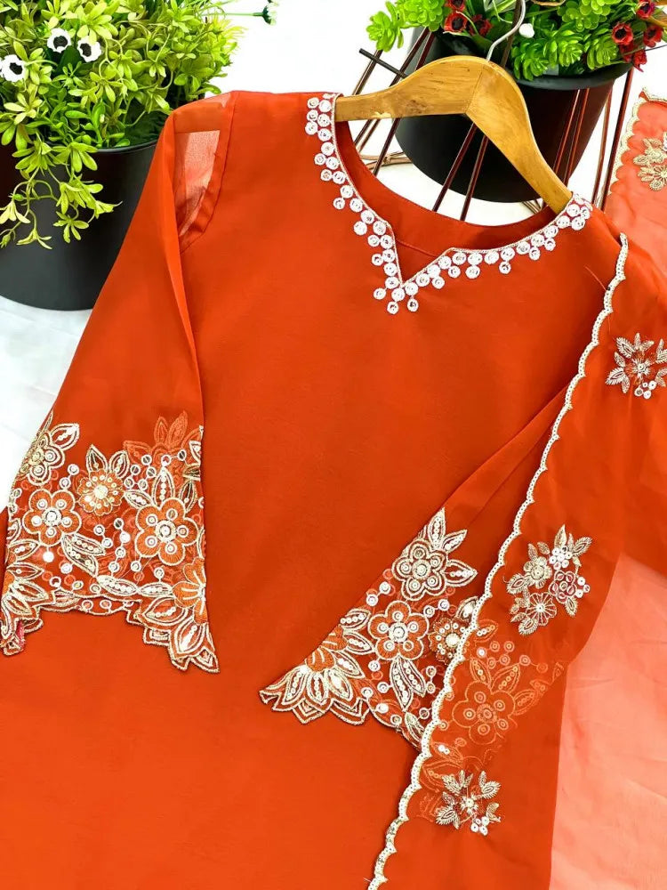 Orange Elegant Embroidered Kurta Set