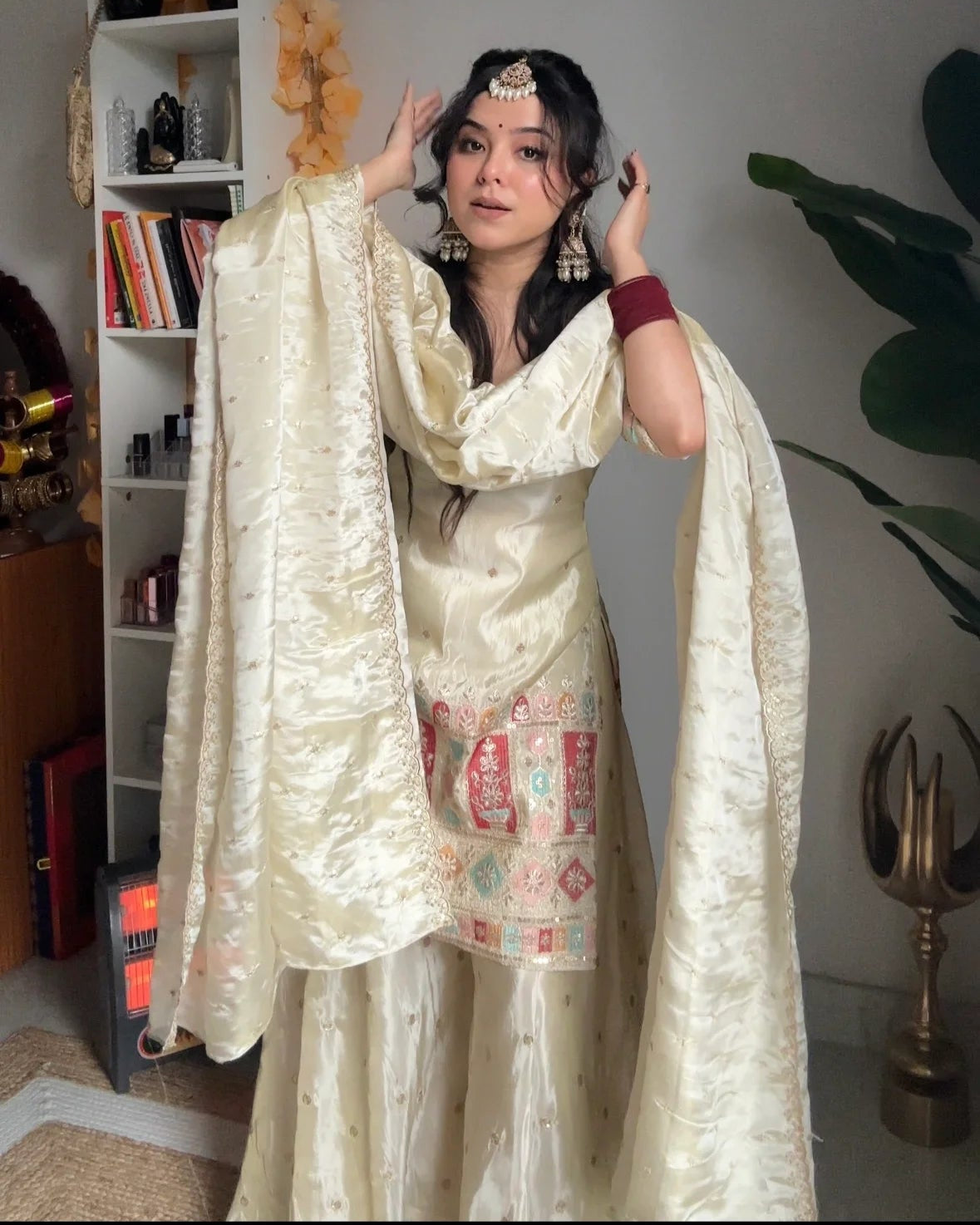Designer Silk Heavy Work Off White Sharara Set