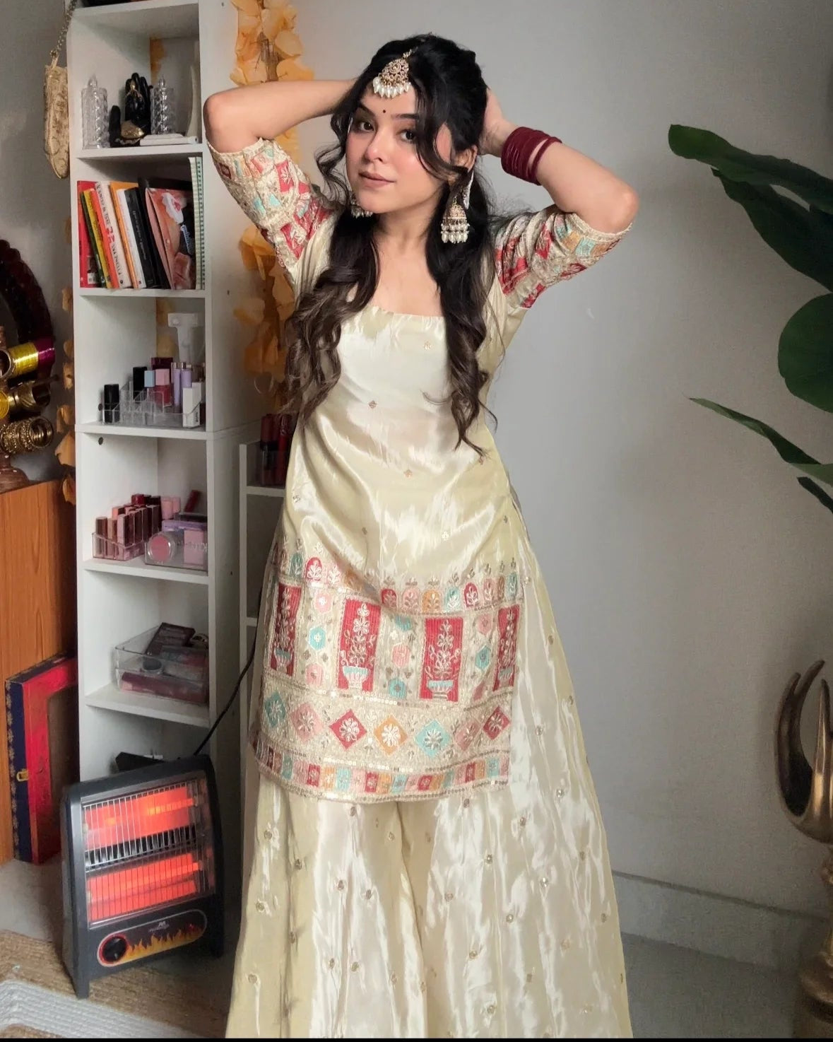 Designer Silk Heavy Work Off White Sharara Set