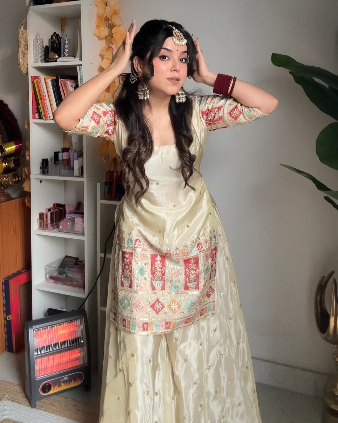 Designer Silk Heavy Work Off White Sharara Set