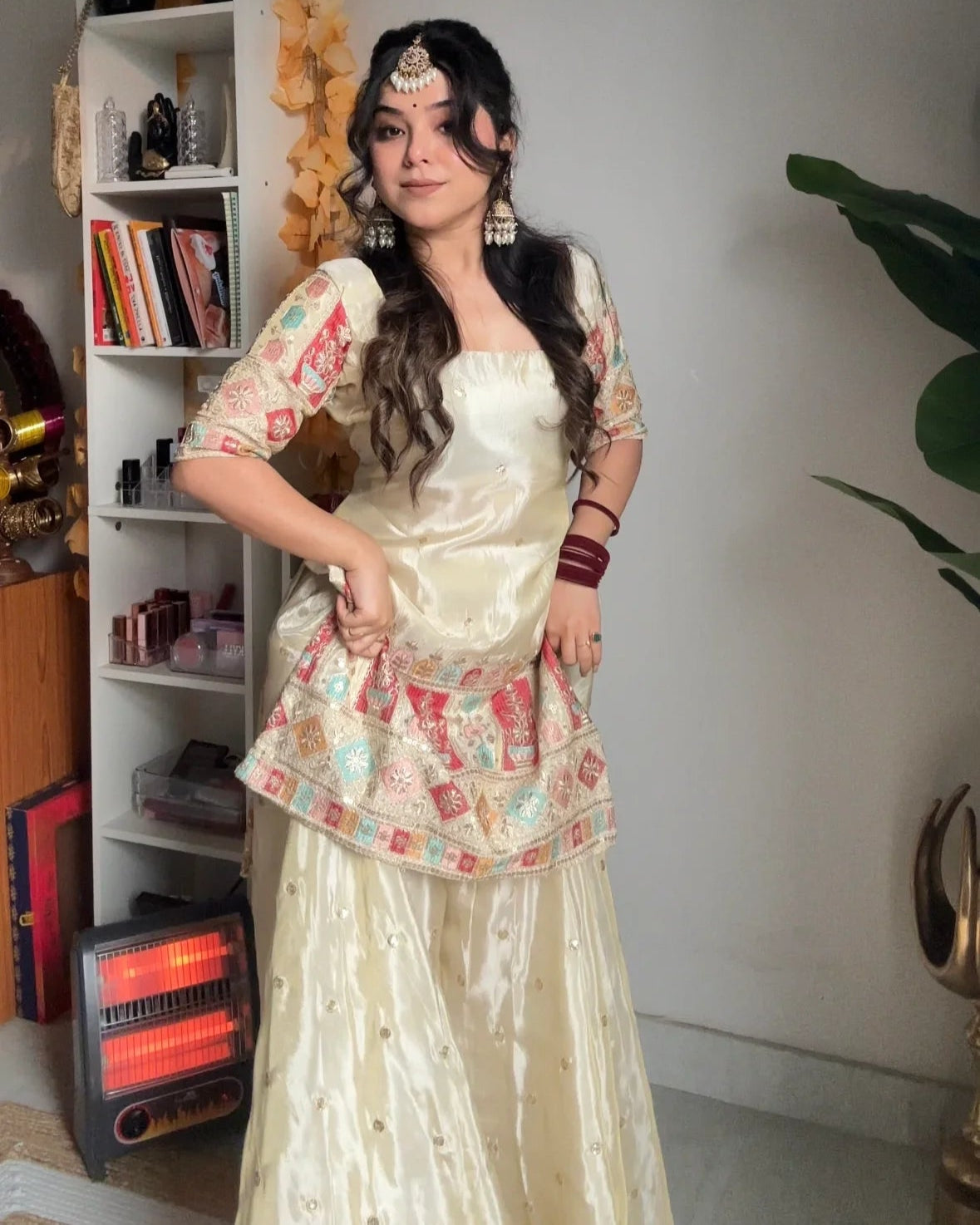 Designer Silk Heavy Work Off White Sharara Set