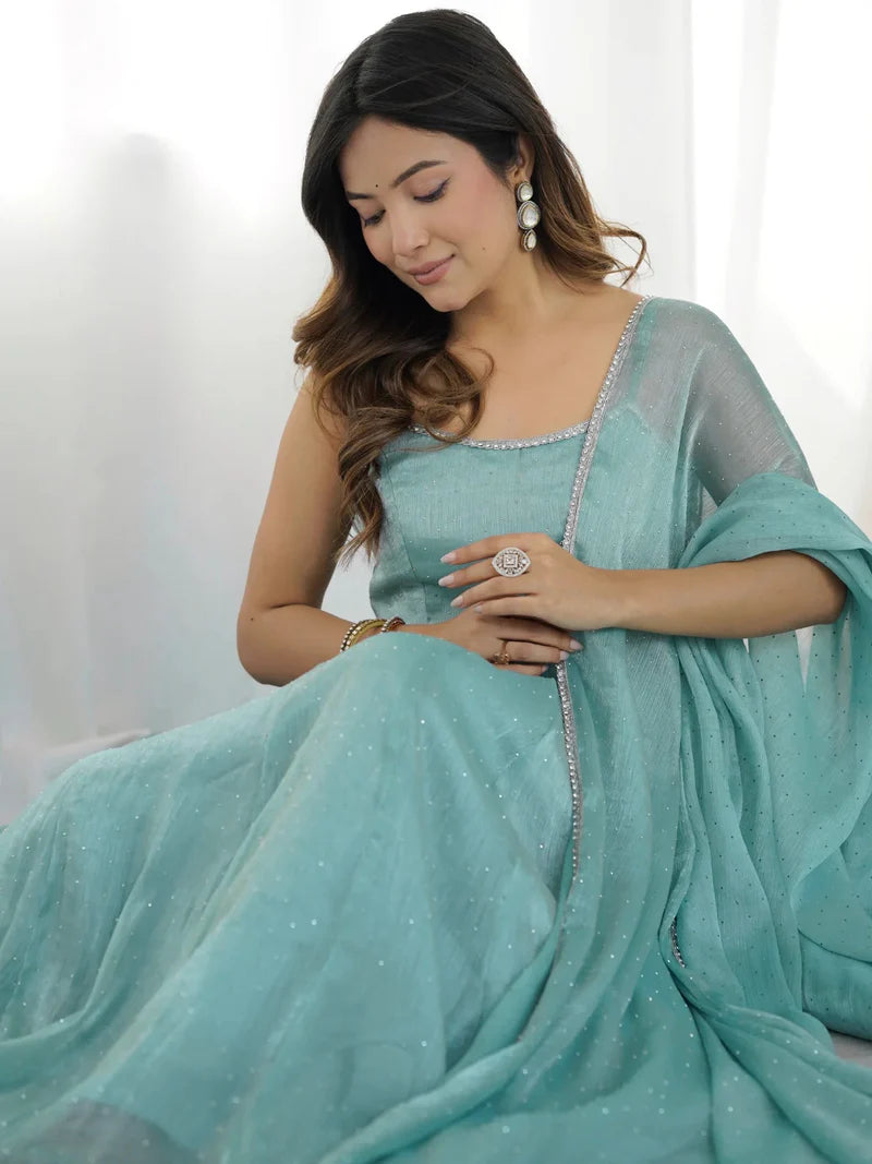 New Sky Color Siroksi Work in Crunchy Silk Fabric Anarkali Set