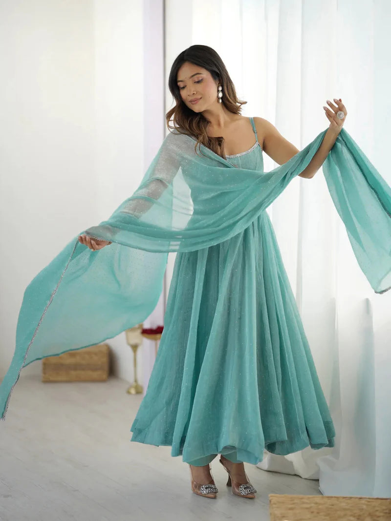 New Sky Color Siroksi Work in Crunchy Silk Fabric Anarkali Set