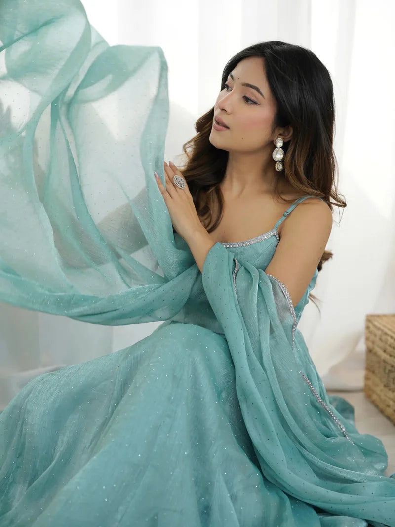 New Sky Color Siroksi Work in Crunchy Silk Fabric Anarkali Set