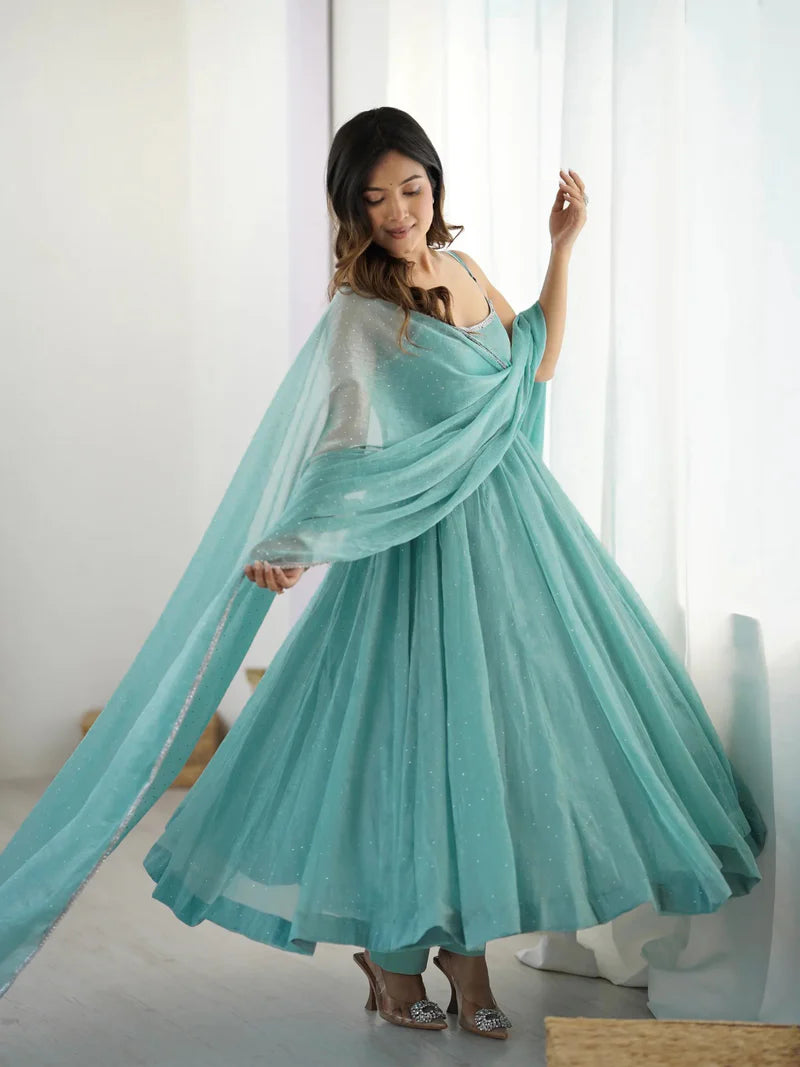 New Sky Color Siroksi Work in Crunchy Silk Fabric Anarkali Set