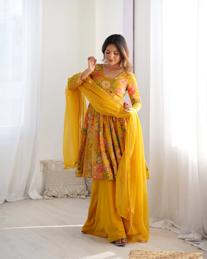 Yellow Color Heavy Pure Roman Silk Kediya Kurta Set with Plazzo And Dupatta Set