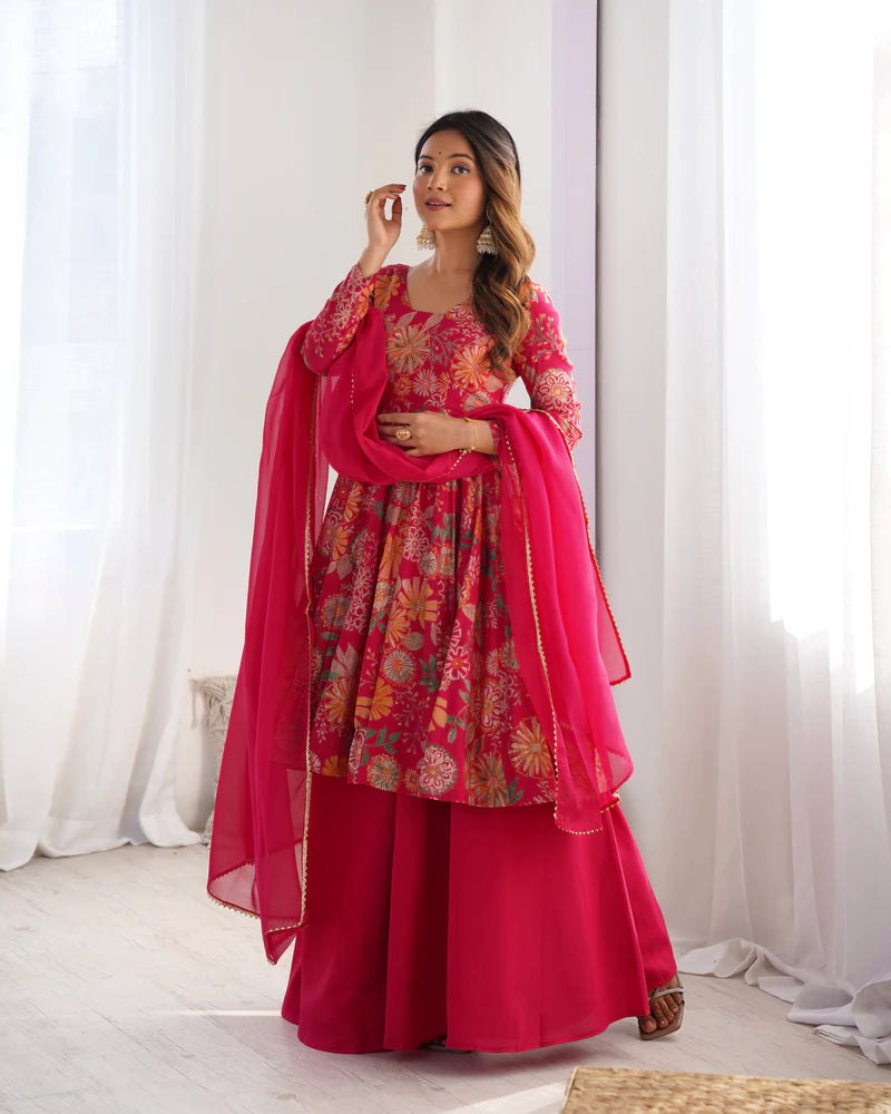 Red Color Heavy Pure Roman Silk Kediya Kurta Set with Plazzo And Dupatta Set