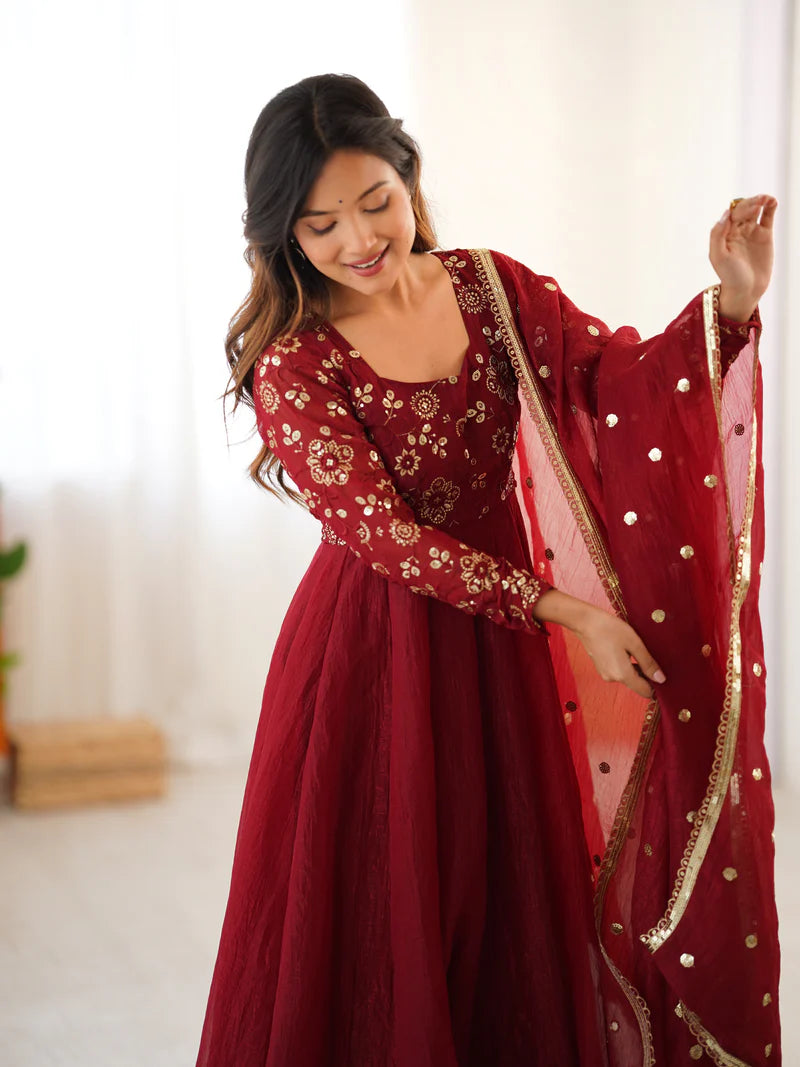 New Partywear Luxurious Crunchy Silk with Lace Border Fully Flared Anarkali Gown