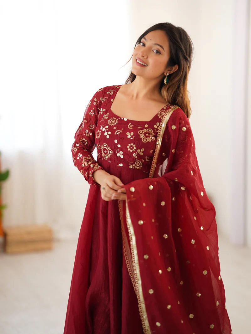 New Partywear Luxurious Crunchy Silk with Lace Border Fully Flared Anarkali Gown