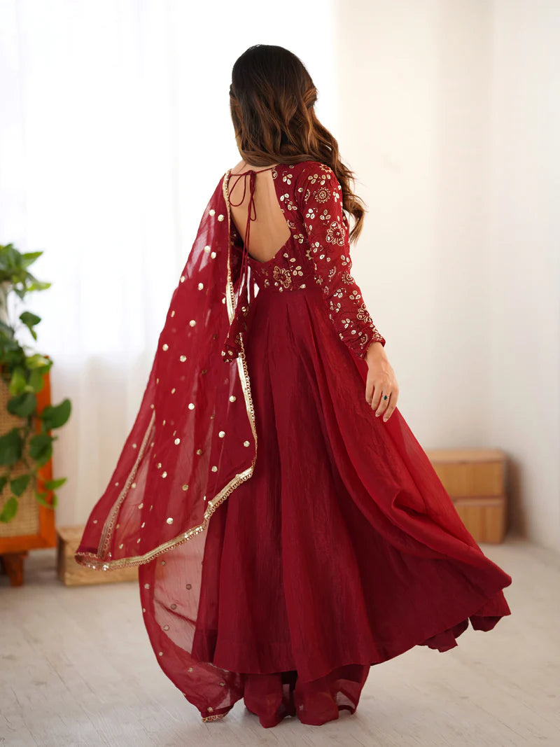 New Partywear Luxurious Crunchy Silk with Lace Border Fully Flared Anarkali Gown