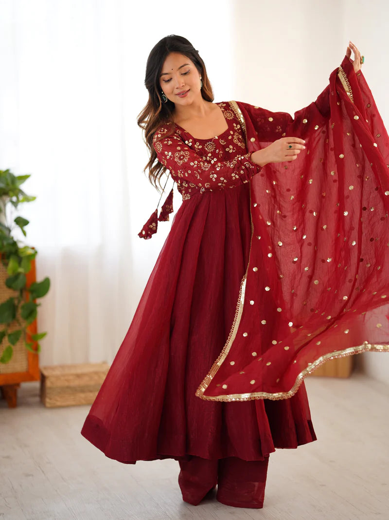 New Partywear Luxurious Crunchy Silk with Lace Border Fully Flared Anarkali Gown