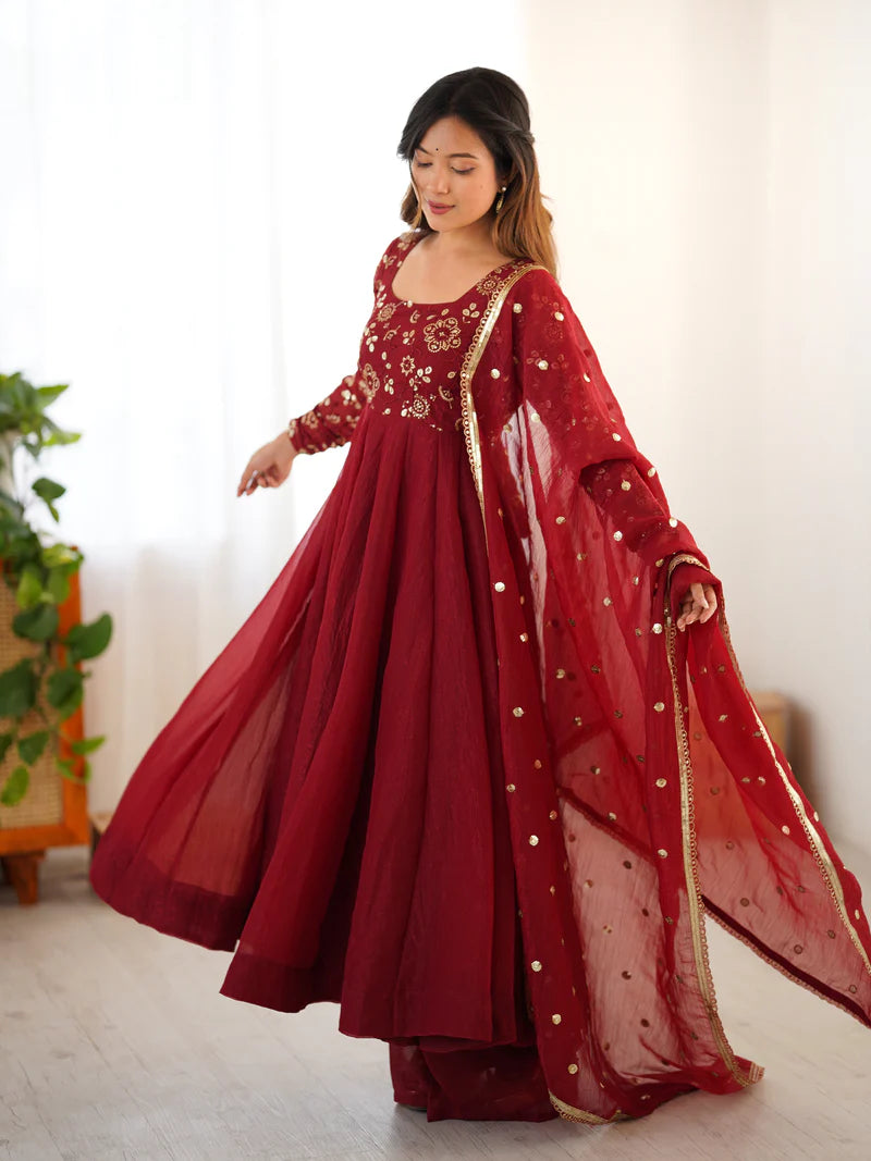 New Partywear Luxurious Crunchy Silk with Lace Border Fully Flared Anarkali Gown