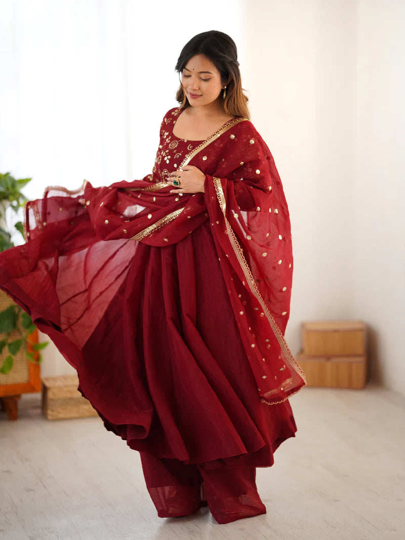 New Partywear Luxurious Crunchy Silk with Lace Border Fully Flared Anarkali Gown
