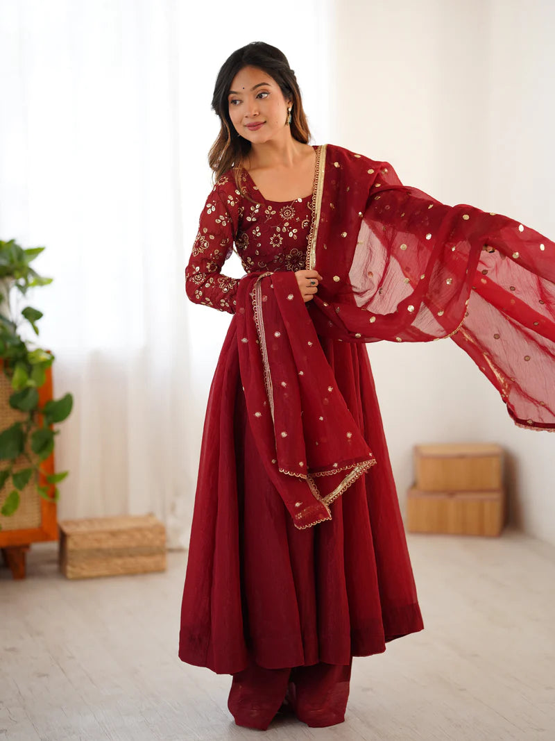 New Partywear Luxurious Crunchy Silk with Lace Border Fully Flared Anarkali Gown