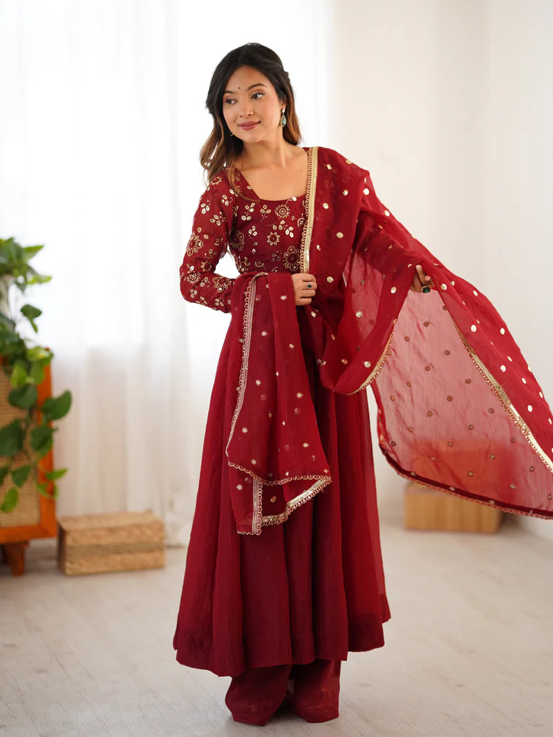 New Partywear Luxurious Crunchy Silk with Lace Border Fully Flared Anarkali Gown