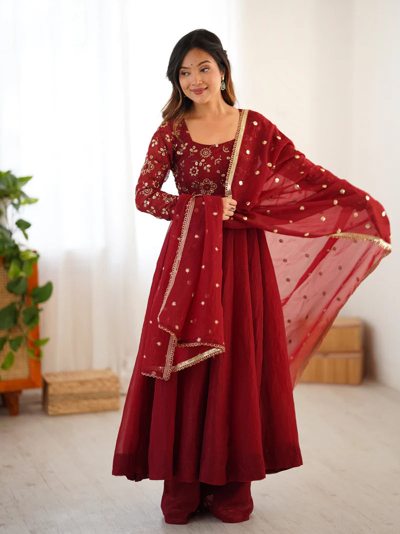 New Partywear Luxurious Crunchy Silk with Lace Border Fully Flared Anarkali Gown