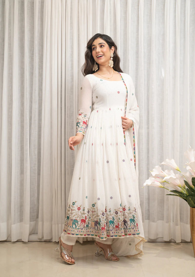 White Designer Partwear Georgette Anarkali Suit Set