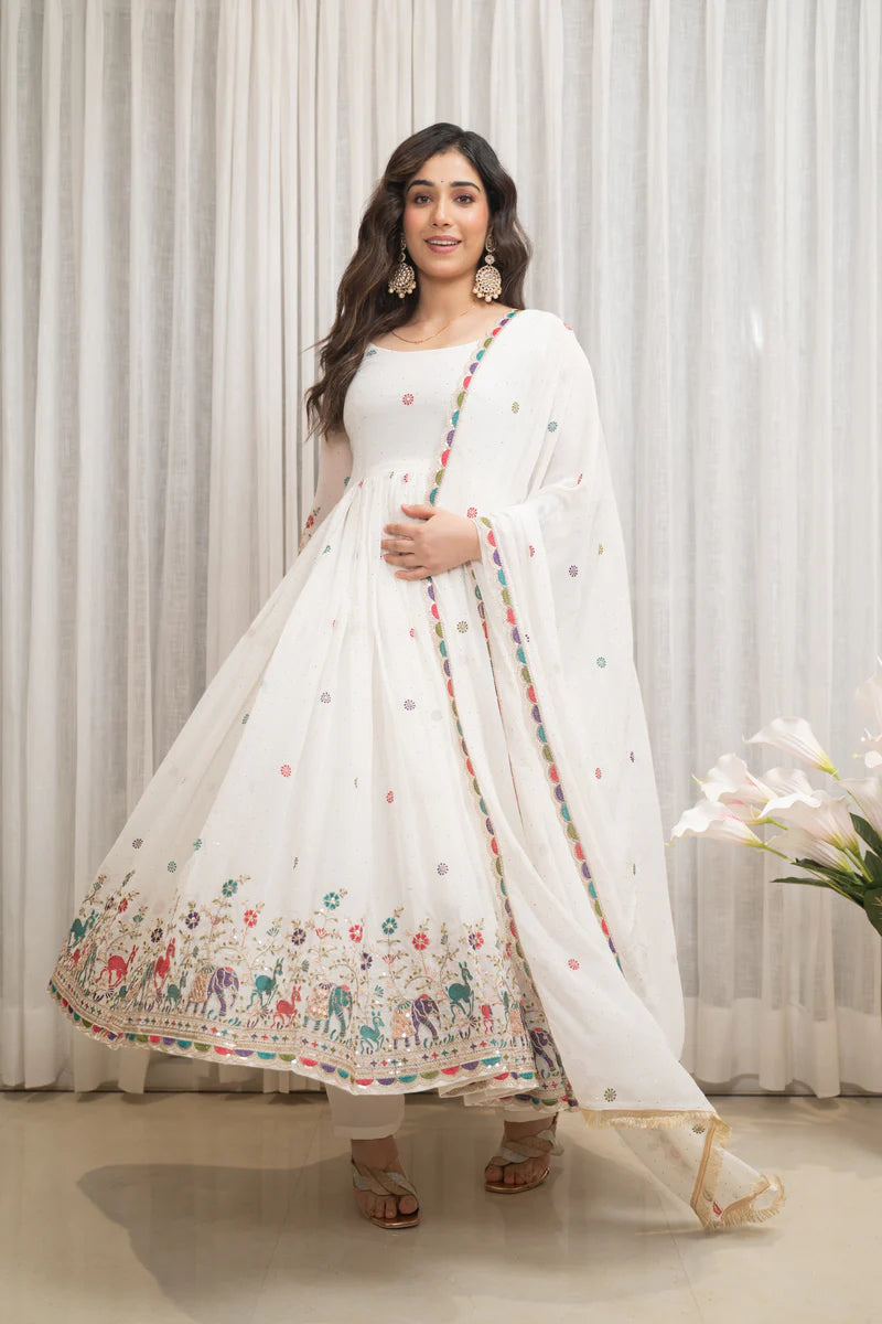 White Designer Partwear Georgette Anarkali Suit Set