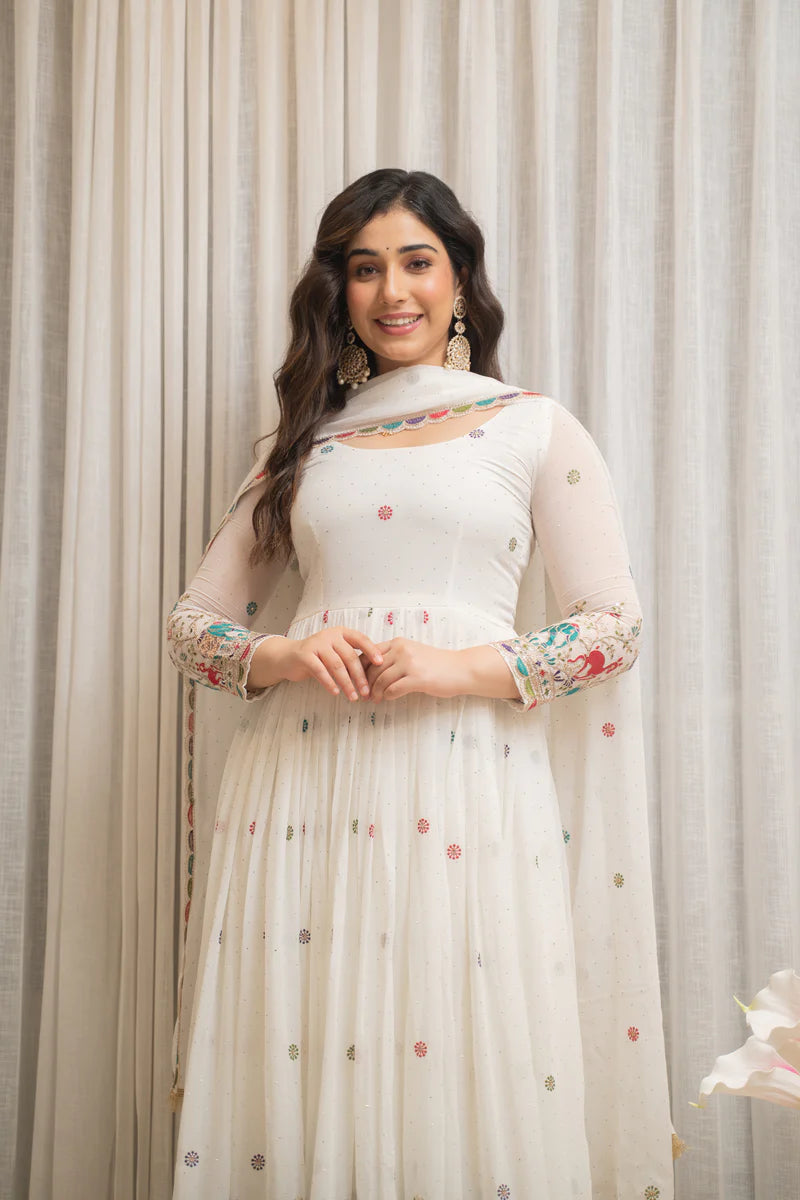 White Designer Partwear Georgette Anarkali Suit Set