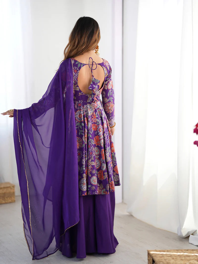 Purple Color Heavy Pure Roman Silk Kediya Kurta Set with Plazzo And Dupatta Set