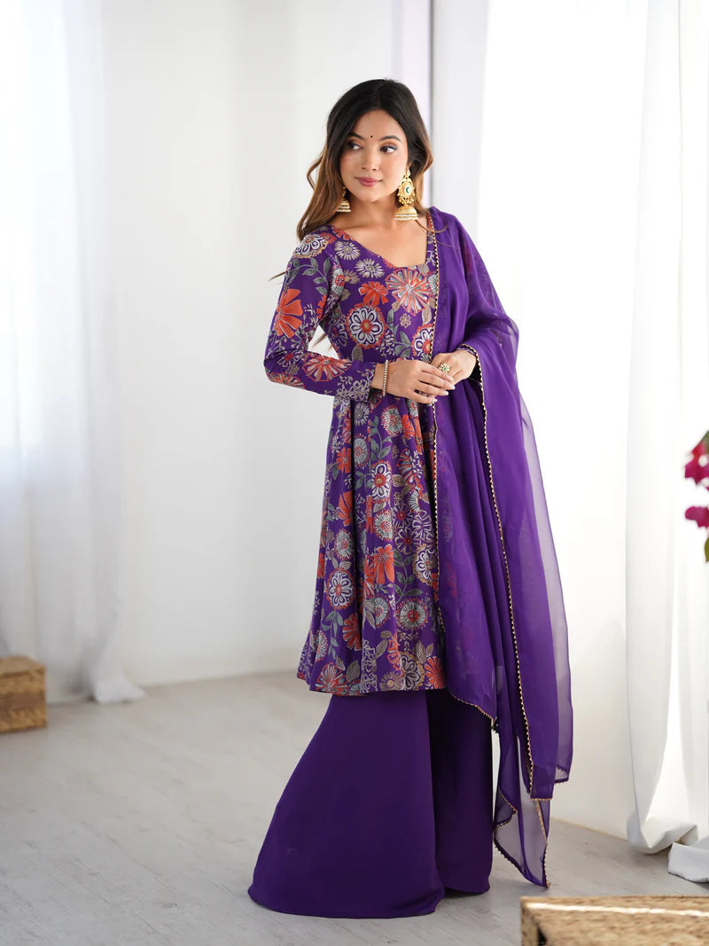 Purple Color Heavy Pure Roman Silk Kediya Kurta Set with Plazzo And Dupatta Set