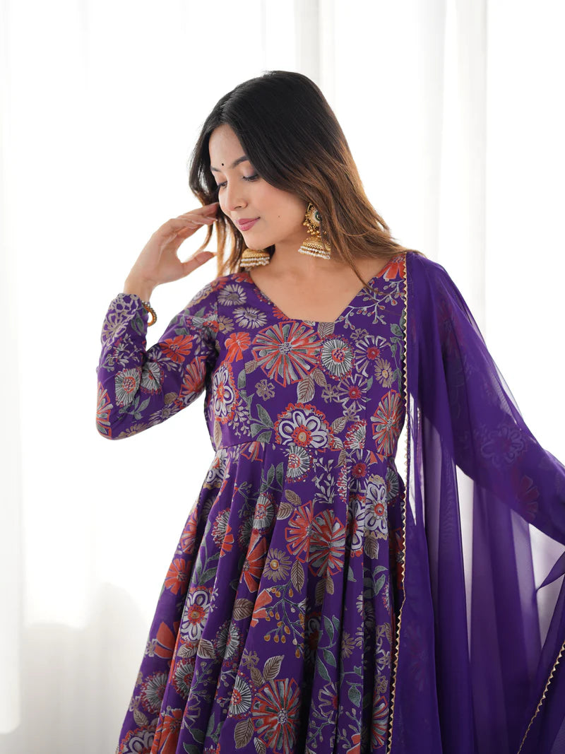 Purple Color Heavy Pure Roman Silk Kediya Kurta Set with Plazzo And Dupatta Set