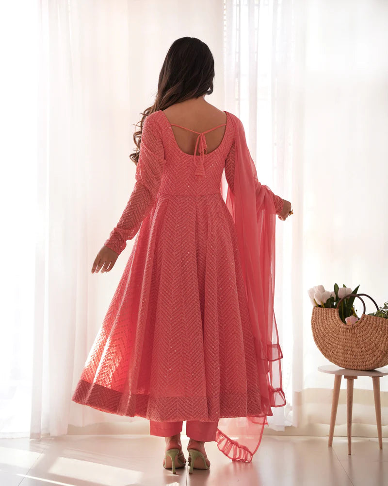 Peach Color Premium Lucknowi Sequin Work Anarkali Set