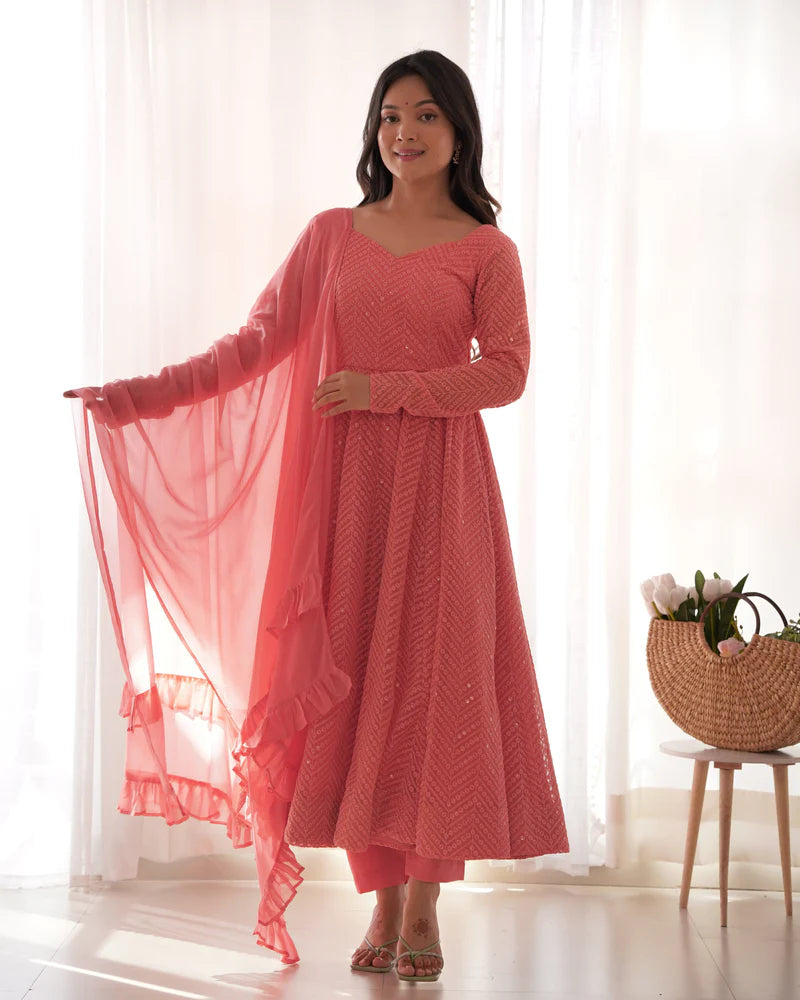 Peach Color Premium Lucknowi Sequin Work Anarkali Set