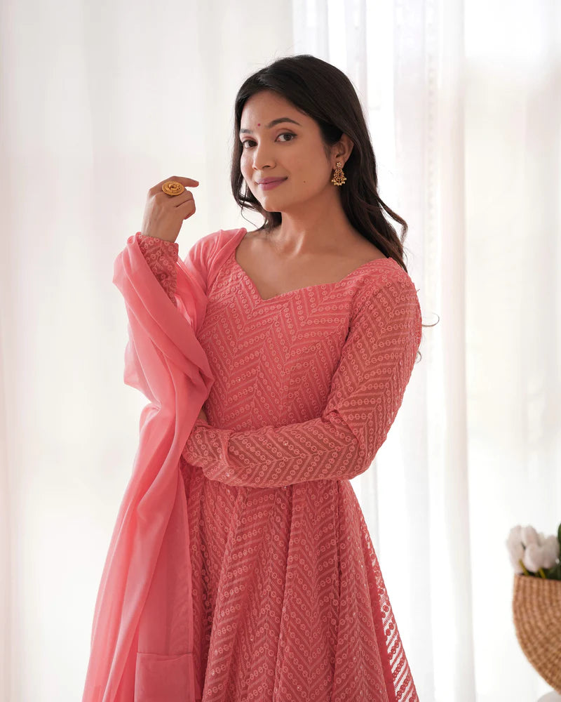 Peach Color Premium Lucknowi Sequin Work Anarkali Set