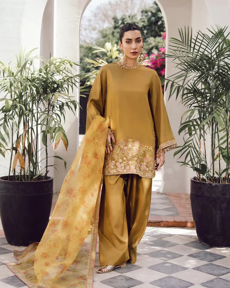 New Party Wear Beautiful Designer French Crepe Silk Embroidered Suit with Farshi Pant & Digital Print Dupatta