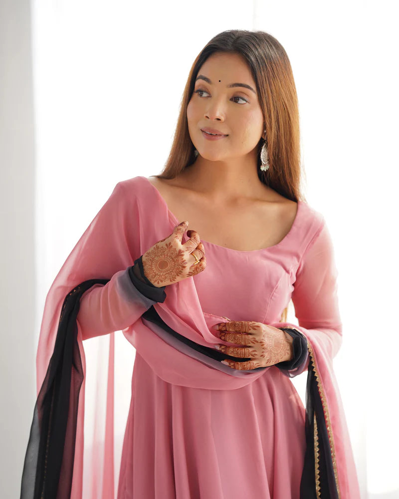 New Partywear Fox Georgette Anarkali Set with Colorful Padding and Lace Dupatta