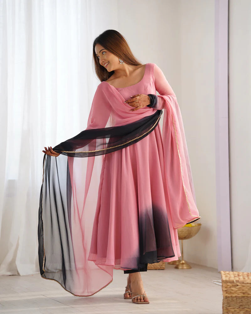 New Partywear Fox Georgette Anarkali Set with Colorful Padding and Lace Dupatta