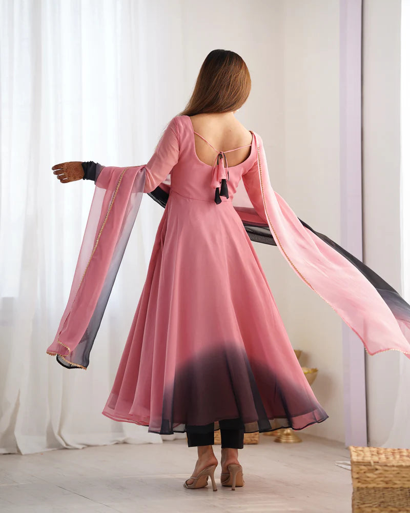 New Partywear Fox Georgette Anarkali Set with Colorful Padding and Lace Dupatta