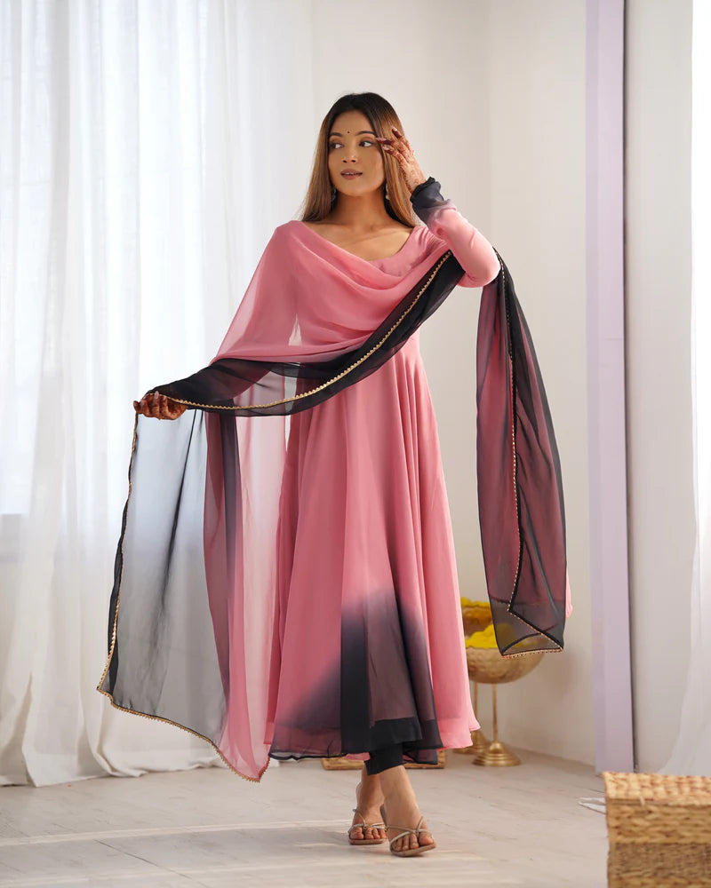 New Partywear Fox Georgette Anarkali Set with Colorful Padding and Lace Dupatta