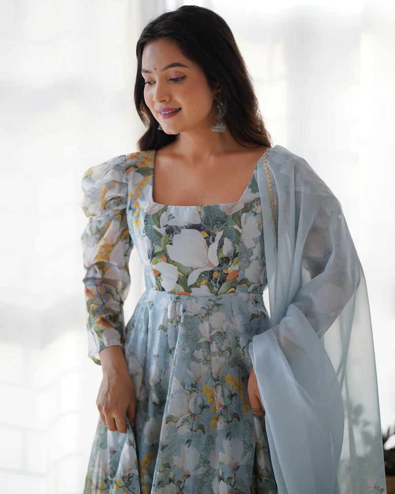 New Designer Floral Organza Silk Anarkali Set with Gota Patti Dupatta