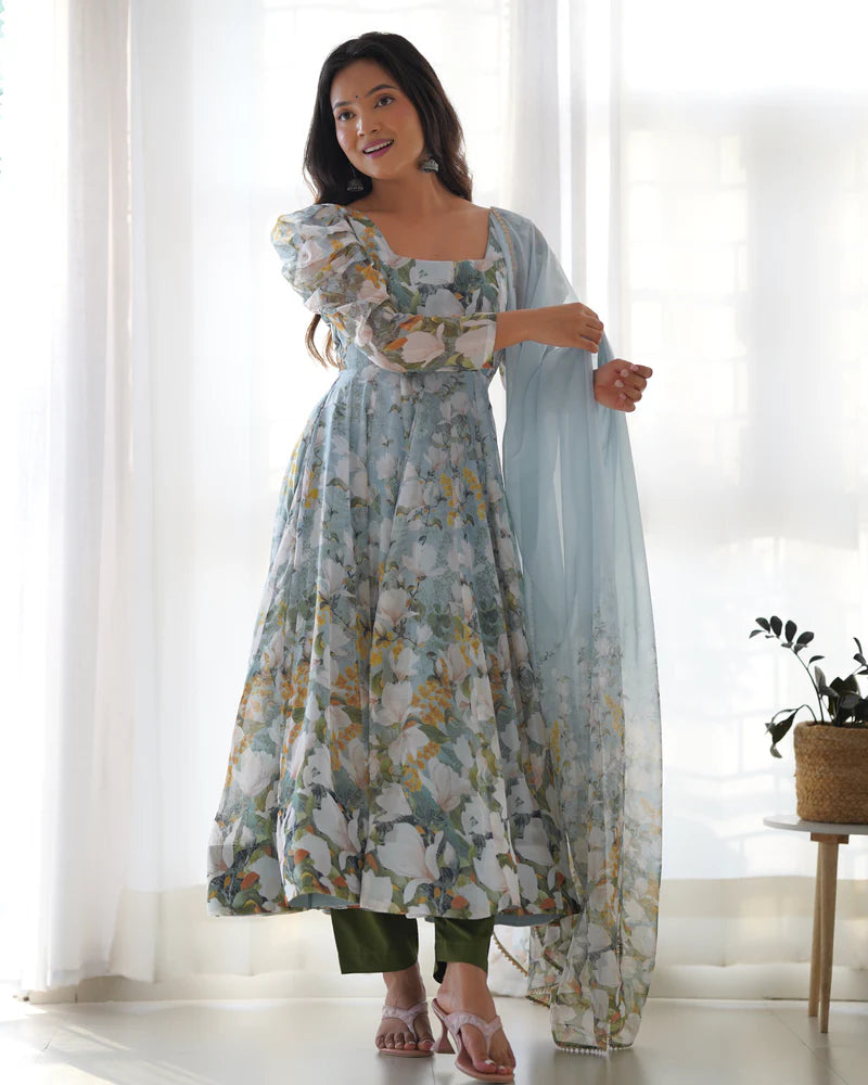 New Designer Floral Organza Silk Anarkali Set with Gota Patti Dupatta
