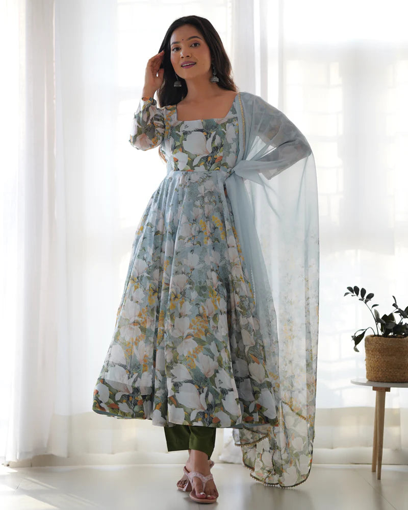 New Designer Floral Organza Silk Anarkali Set with Gota Patti Dupatta