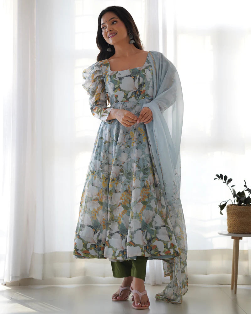 New Designer Floral Organza Silk Anarkali Set with Gota Patti Dupatta