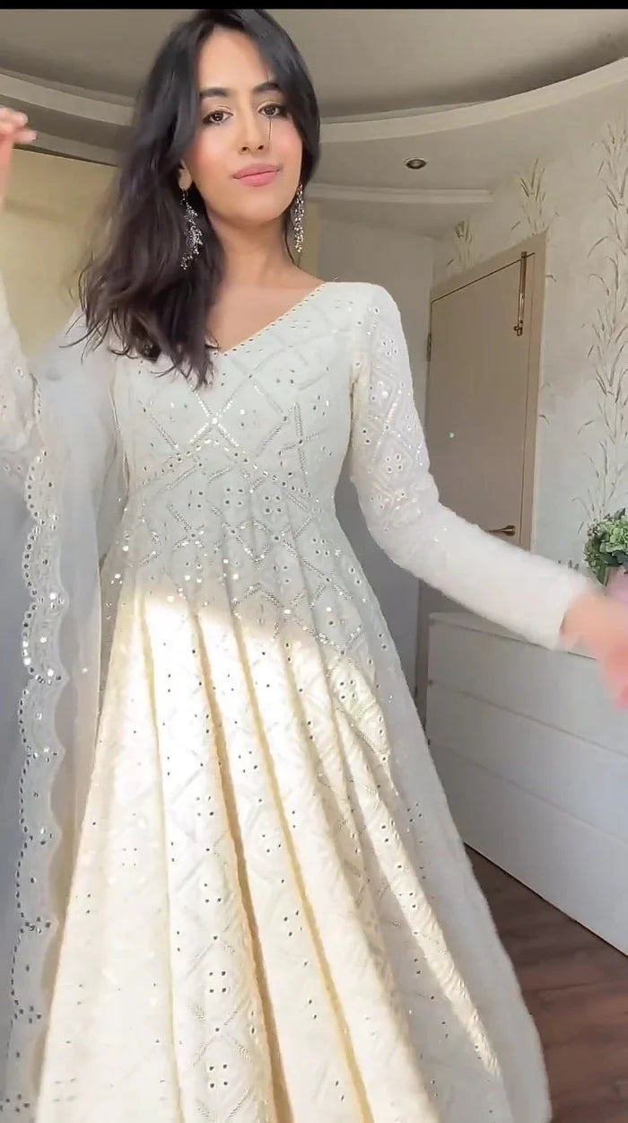 White Color Designer Partywear Lucknavi Embroidery Anarkali Suit Set