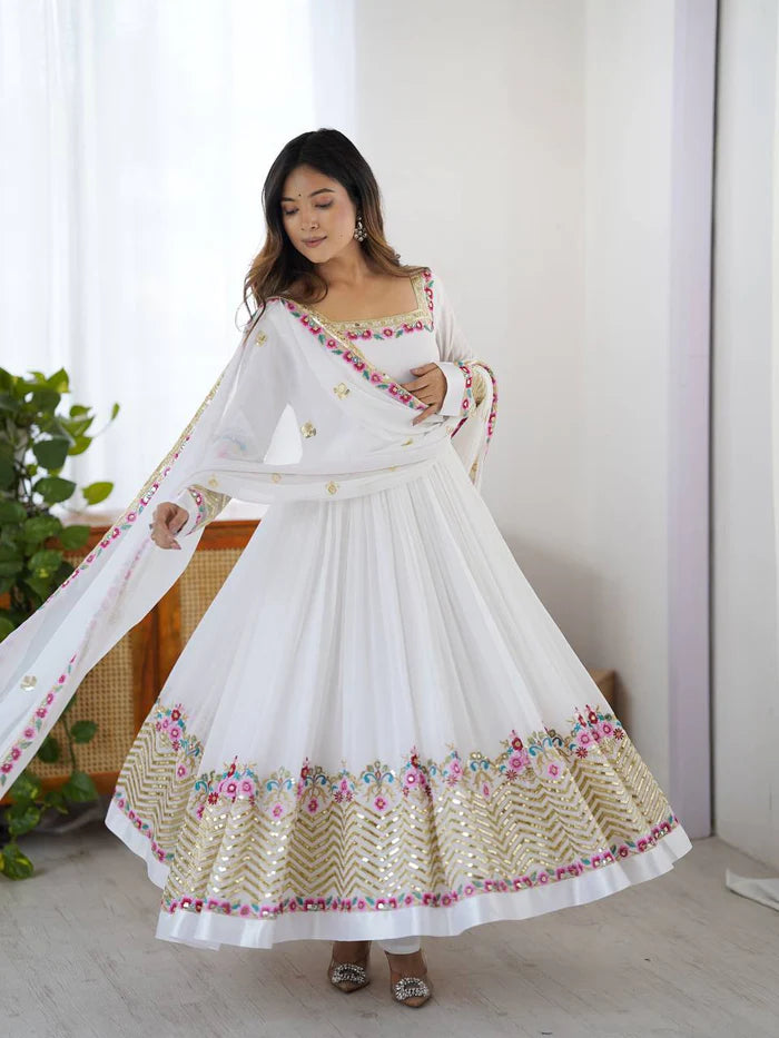 New Designer White Color Premium Heavy Georgette Anarkali Gown With Bottom And Dupatta Set