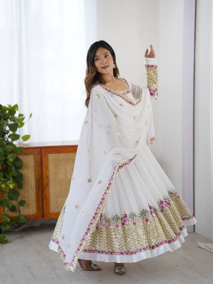 New Designer White Color Premium Heavy Georgette Anarkali Gown With Bottom And Dupatta Set