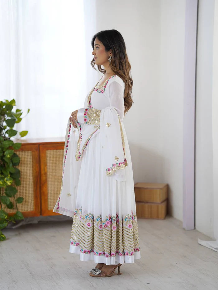 New Designer White Color Premium Heavy Georgette Anarkali Gown With Bottom And Dupatta Set