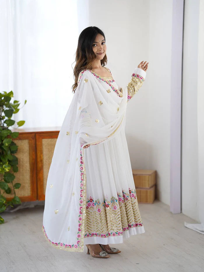 New Designer White Color Premium Heavy Georgette Anarkali Gown With Bottom And Dupatta Set