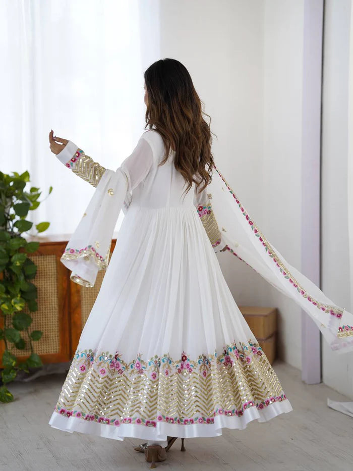 New Designer White Color Premium Heavy Georgette Anarkali Gown With Bottom And Dupatta Set