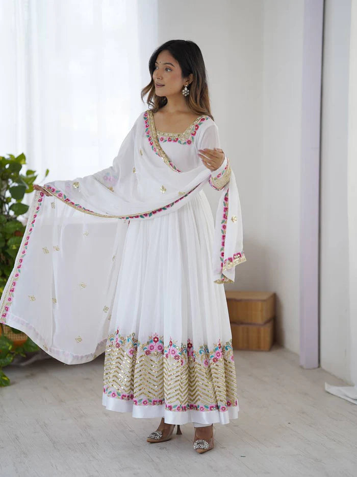 New Designer White Color Premium Heavy Georgette Anarkali Gown With Bottom And Dupatta Set