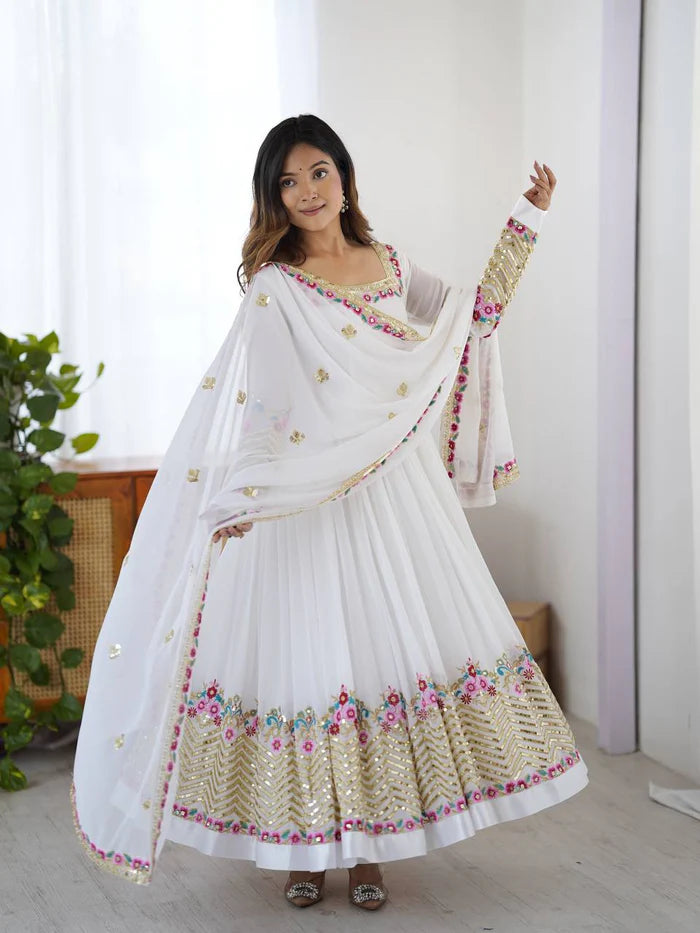 New Designer White Color Premium Heavy Georgette Anarkali Gown With Bottom And Dupatta Set