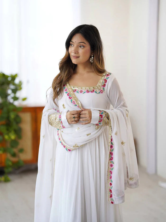New Designer White Color Premium Heavy Georgette Anarkali Gown With Bottom And Dupatta Set